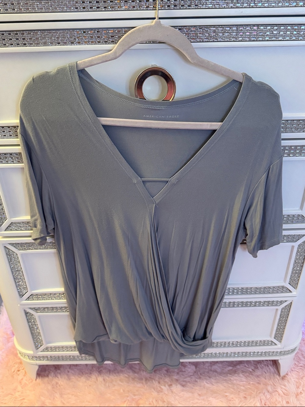 American Eagle Outfitters Gray Surplice V-Neck Draped Top